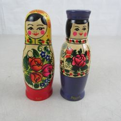Vintage Russian Wooden Matryoshka Dolls Salt & Pepper Shaker Set
