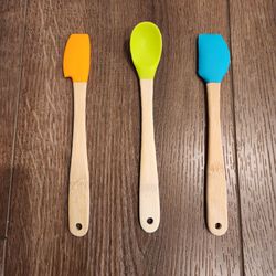 3 colorful mini silicone & bamboo kitchen utensils, natural wooden handles, vibrant silicone heads, good condition