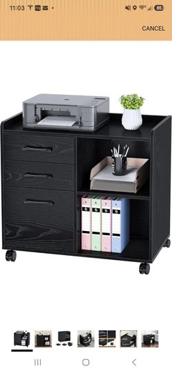 Black Mobile File Cabinet with Drawers and Shelves