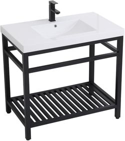 Simply Living 36” Single Resin Top Black Metal Bathroom Vanity New