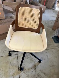 Home Office Desk Chair with Ergonomic Rattan Backrest, Walnut Crafts, Curved Arms, Faux Leather, Cas