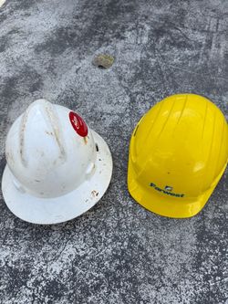 Two Hard Hats — MSA V-Gard (white, full brim) + Honeywell North (yellow)