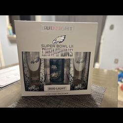 Eagles Bud Light Super Bowl 52 Limited Edition Beer With Two Glasses 