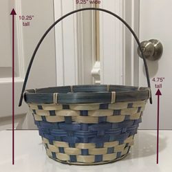 Blue & Tan Rattan Basket with Handle