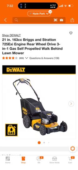 Dewalt 21 in. 163cc Briggs and Stratton 725Exi Engine Rear Wheel Drive 3-in-1 Gas Self Propelled Walk Behind Lawn Mower like new
