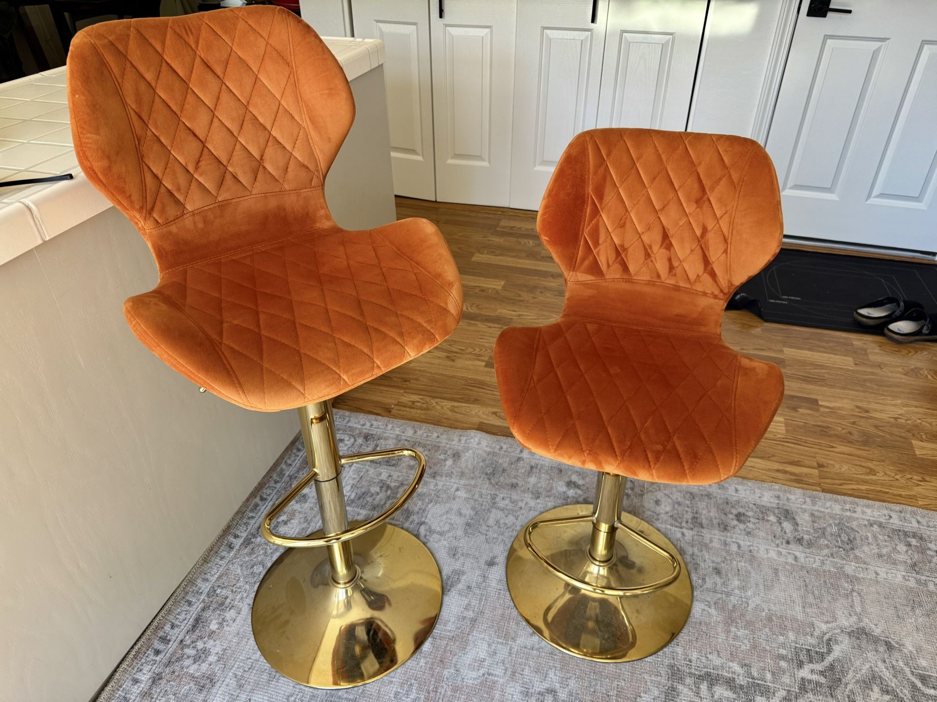 2 Orange Velvet Bar Stools