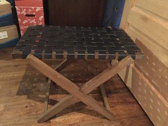 Mid Century Modern MCM Oak and Leather luggage stand bench seat