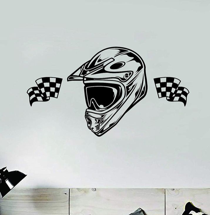 PRE MADE Wall Decal Home Decor Dirtbike Motorcycle Helmet Flags