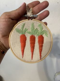 Hand Made Embroidered Carrot Art on a Hoop
