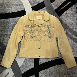Scully Womens Golden Tan Turquoise Beaded Western Fringe Jacket Large Boar Suede