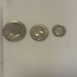 1964 Silver Half Dollar Silver Quarter Silver Dime 3 Coins Total