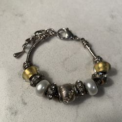 Vintage Gorgeous Large Hole Glass Beaded European Charm Bracelet Pearl Silver
