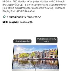 HP 24mh 23.8" FHD Monitor - Adjustable Height & Built-in Speakers