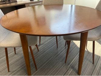 Mid-Century Modern Round Wood Dining Table + 4 Fabric Cushion Seats Dining Chairs