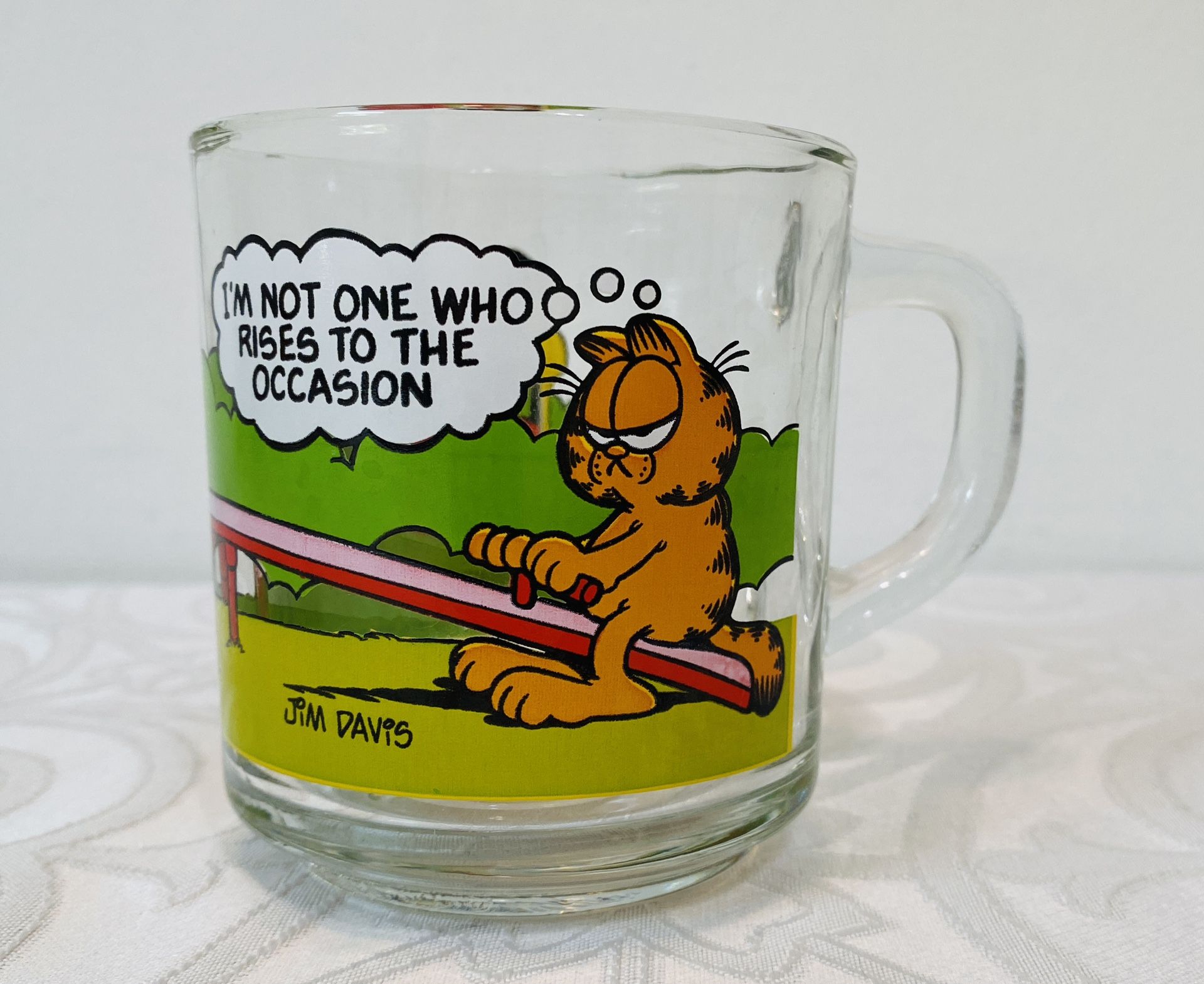 VNTG GARFIELD GLASS MUG McDONALDS 1978 I'M NOT ONE WHO RISES TO THE OCCASION EUC