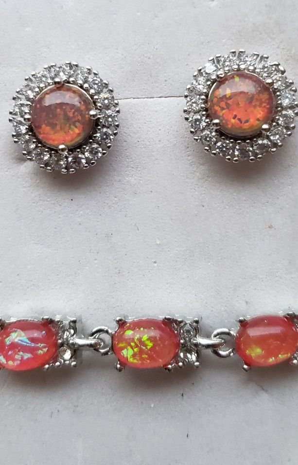 Austrian Red Fire Opal Cz Bracelet W Free Earrings