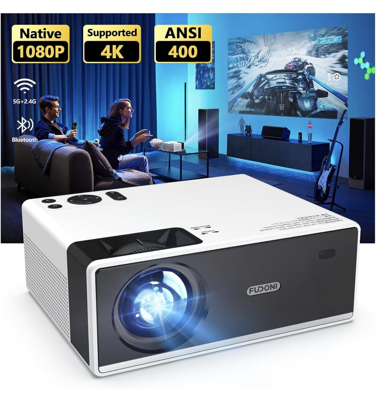 BRAND NEW IN BOX Fudoni 4K Support Projector with WiFi and Bluetooth, Outdoor Portable Mini Projector 15000L Full HD 1080P Max 300" Display Zoom,
