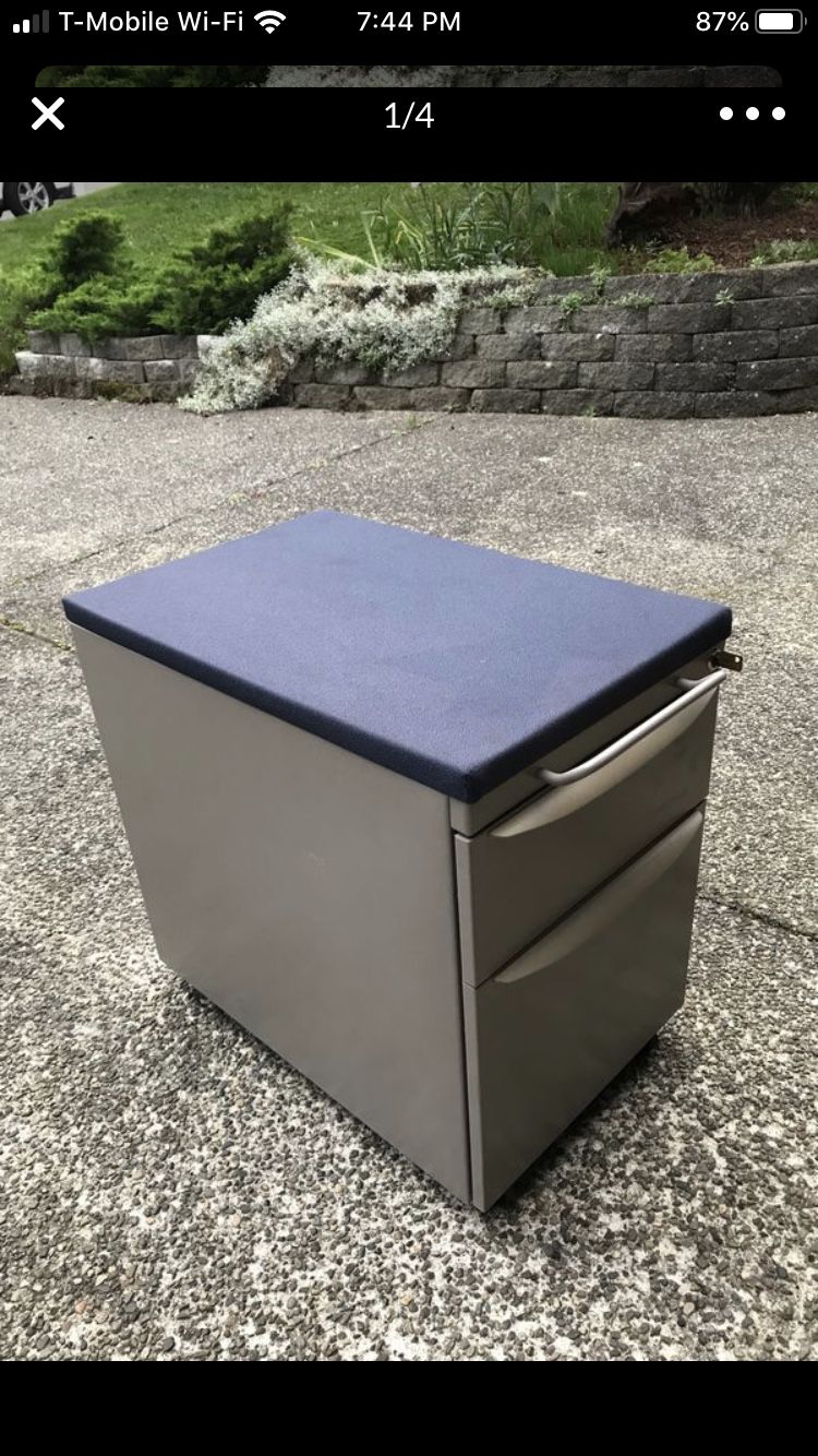 Mobile filing cabinet 27.5” H x 23”D x 15”W with seat cushion