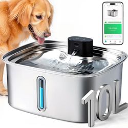 Smart Dog Water Bowl Dispenser Large, 10L/ 2.64Gal Cordless Dog Water Fountain Stainless Steel with