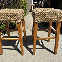 2 Pottery Barn Seagrass And Light Wood Stools