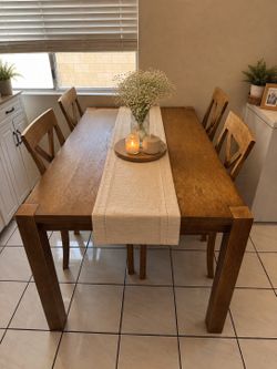 Rustic Solid Wood Dining Table Set + 4 Upholstered Chairs
