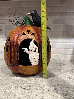 Halloween Metal Pumpkin Lantern with Crow and Ghost