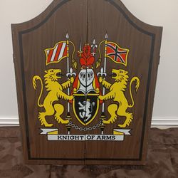 Vintage Knight of Arms Wood Dart Board Cabinet Set  21” w/  darts