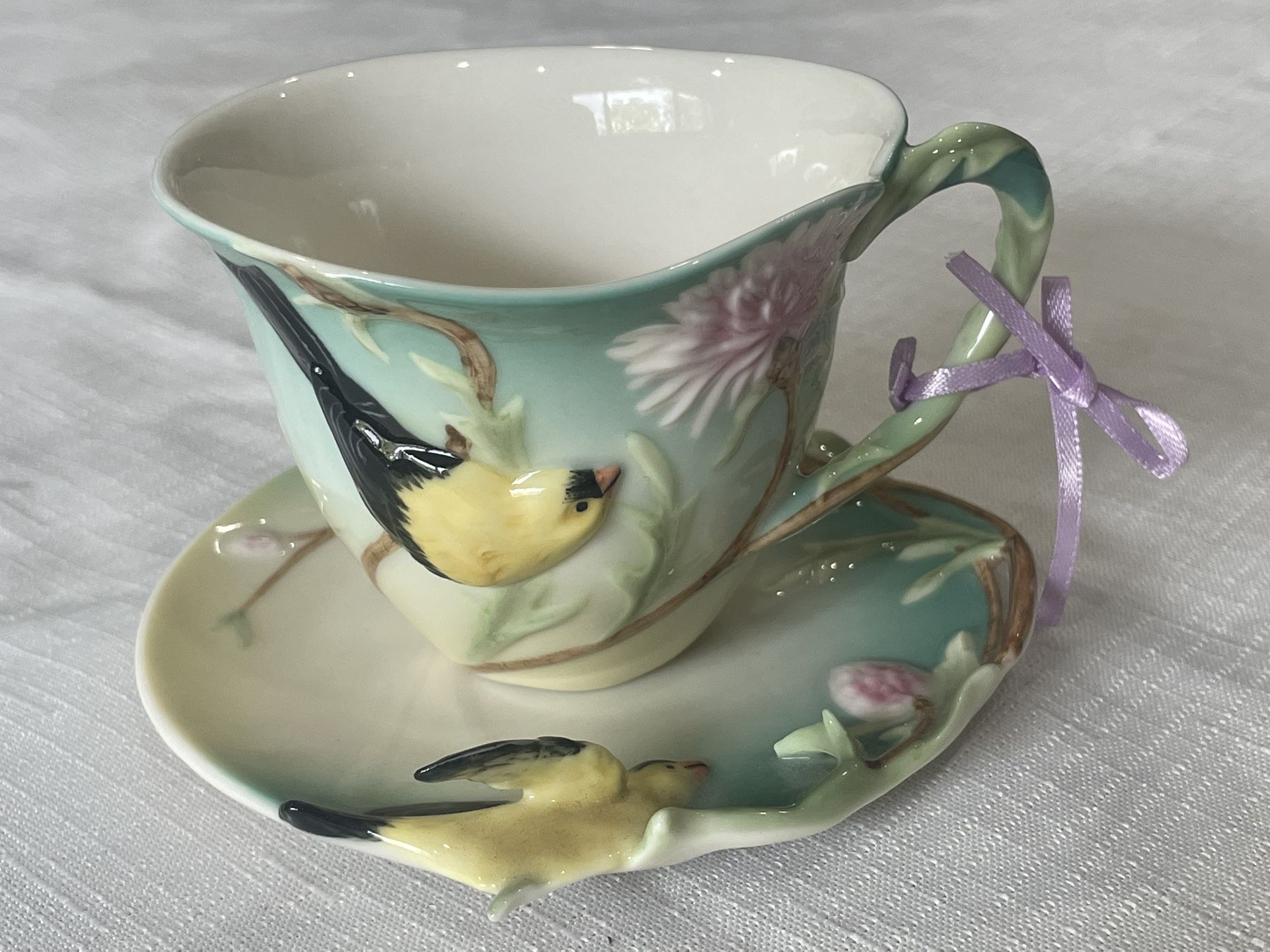 Vintage Franz Cup and Saucer Featuring Gold Finch and Thistle.