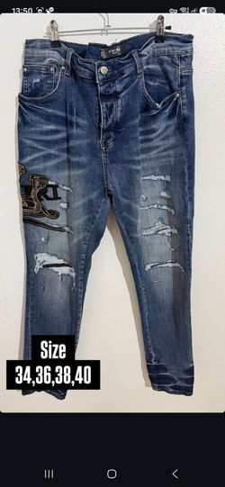 AMIRI BLUE DISTRESSED SNAKE PATCH DENIM JEANS NEW COLLECTION