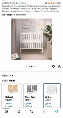 Dream On Me 3-in-1 Portable Folding Stationary Side Mini Baby Crib in White & Mattress, GreenGuard Gold & JPMA, Use as Changer & Playpen, Locking Whee