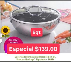 Especial Solo $130.00 Caserola 6 qt Antiaderente Cosina Carnes Huevos Pollo Frijoles Princess House Ventas Finales