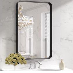 LOAAO Black Metal Framed Bathroom Mirror for Wall, 24X36 Inch Rounded Rectangle Mirror, Matte Black Bathroom Vanity Mirror Farmhouse, Anti-Rust, Hangs