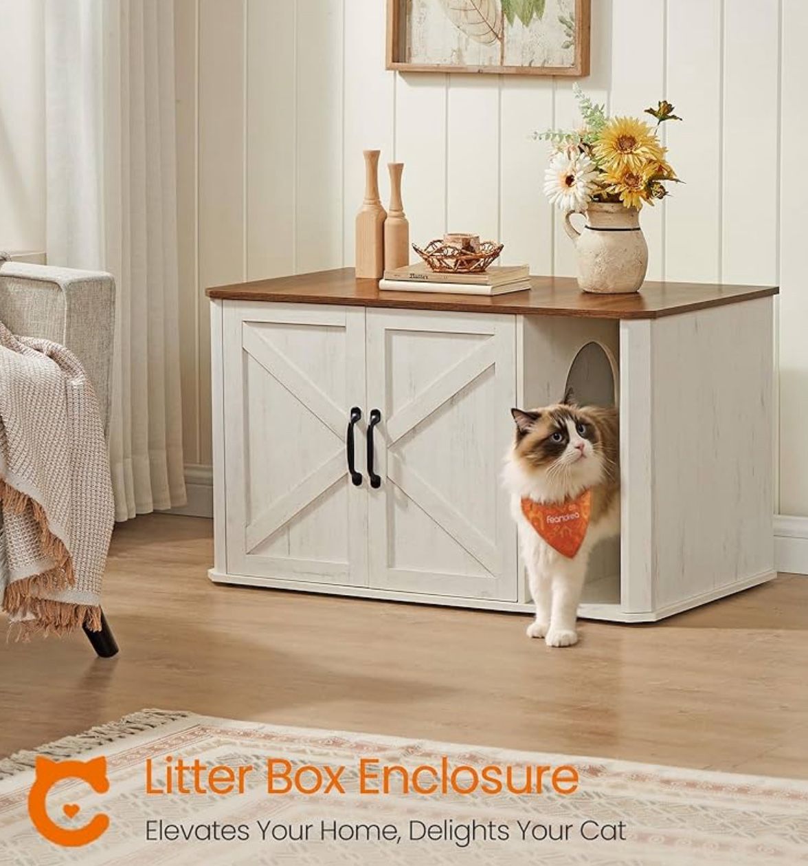 Litter Box Enclosure, Modern Cat Litter Box Furniture Hidden, Front Entry, Double Doors, Handles, Cat House, Side End Table, 33.5 x 19 x 19.5 Inches, 