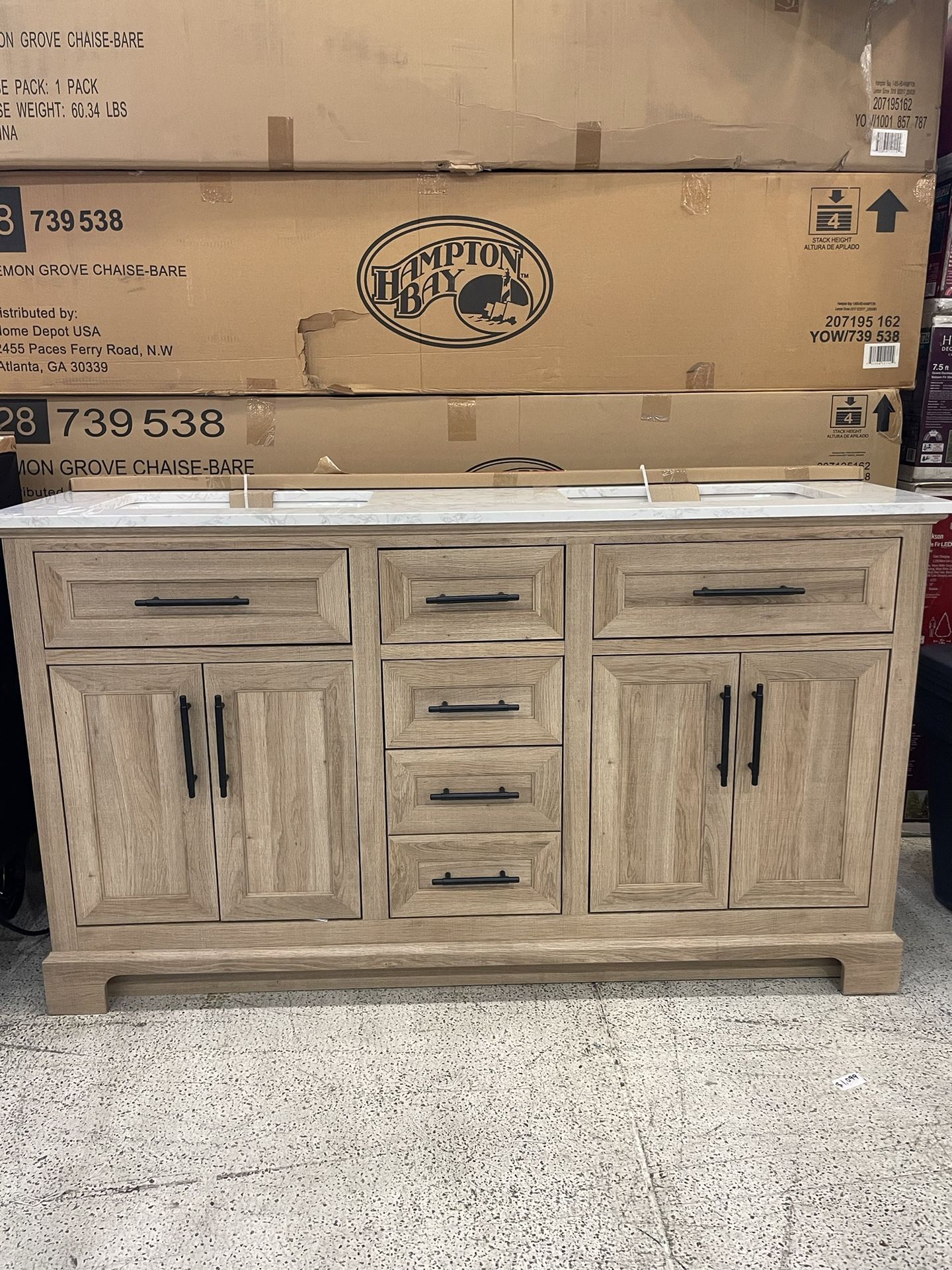 Doveton 60 in. Double Sink Freestanding Weathered Tan Bath Vanity with White Engineered Marble Top (Fully Assembled)
