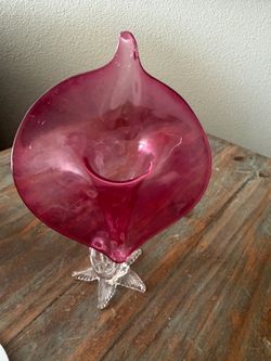 Cranberry Art Glass Vase with Clear Pedestal Base
