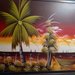 Original Oil Painting Tropical Sunset Scene