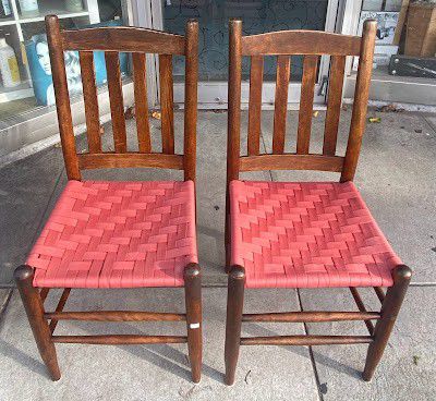 Pair of Chairs | Vintage Mission Style Oak with Fabric Woven Seats