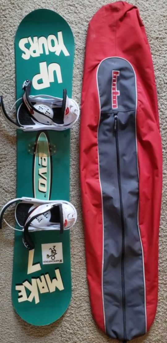 EVO 'MAKE 7-UP YOURS' SNOWBOARD BURTON BINDINGS AND CASE