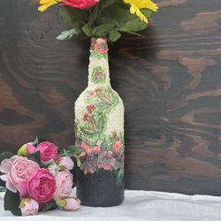 Black And White Glass Bottle Vase Hand Painted 