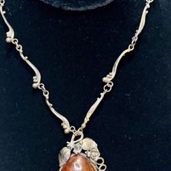 Vintage Sterling Silver & Russian Baltic Amber Pendant Necklace - 25”