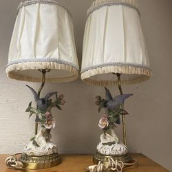 Vintage Cordey Cyrus Era Lamps With Shades Porcelain Birds