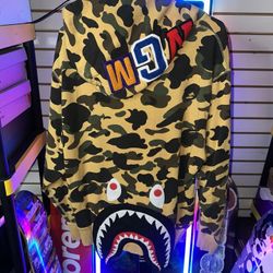 Bape Pullover Hoodie Yellow Camo Shark Face 