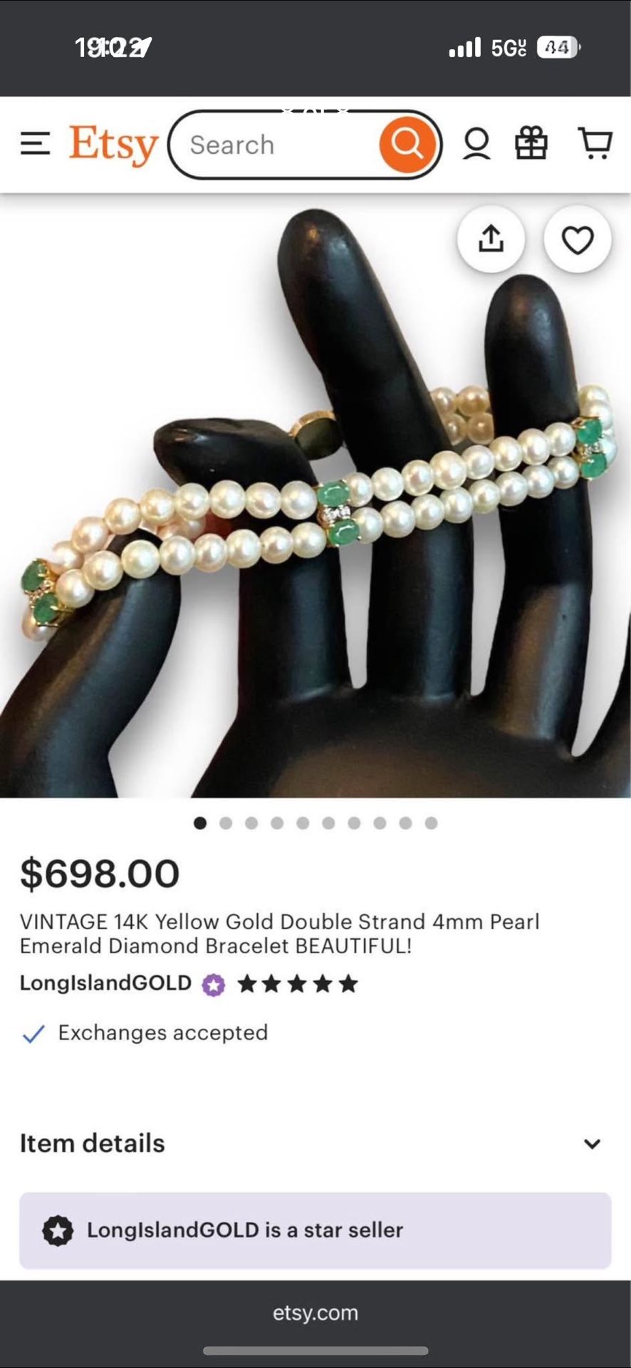 Vintage 14K Gold 4mm Pearl Emerald And Accent Diamond Bracelet