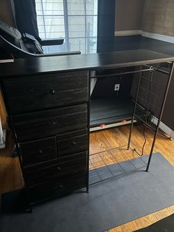 Black Dresser with Metal Frame and Shelves