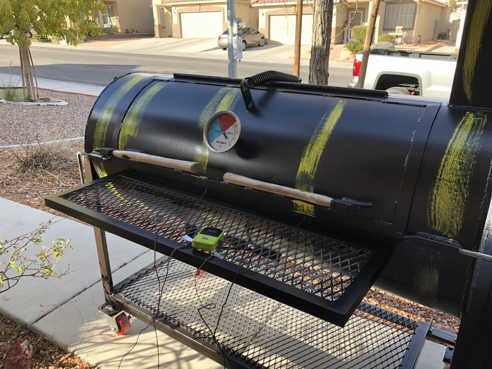 Custom offset smoker, reverse flow design. 24’’ dia. X 56’’ long. Firebox 24x18 inches