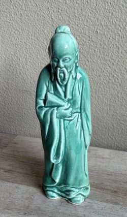 Antique Chinese Immortal Scholar God Figurine Green Glaze Porcelain 5.5"