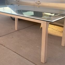 Gorgeous 72” Vintage Bleached Wood Pencil Reed Style Beveled Glass Dining Table