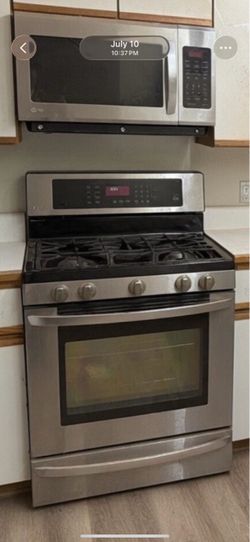 GE Stainless Steel Gas Range and Over-the-Range Microwave