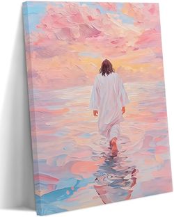 Shrandi Jesus Walking On Water Canvas Wall Art Pink Jesus Wall Decor Religious Christian Pictures Prints for Bedroom Living Room Church Decoration 12