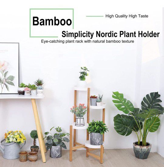 4-Tier Bamboo Plant Stand: Indoor Potted Flower Display Shelf Holder Nordic Style Planter Rack with White Shelves for Corners Living Room Bedroom Balc